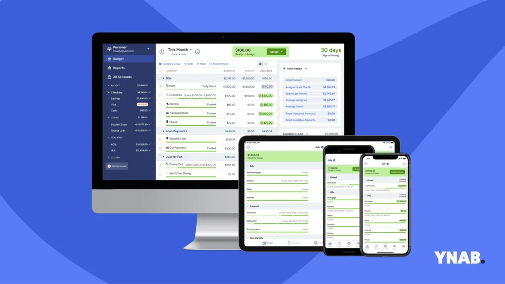 A desktop or tablet screen displaying YNAB’s budgeting interface, with sections for income, expenses, and financial goals.