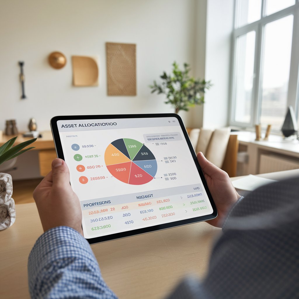 A visual of someone reviewing a portfolio on a tablet or computer, adjusting asset allocations.