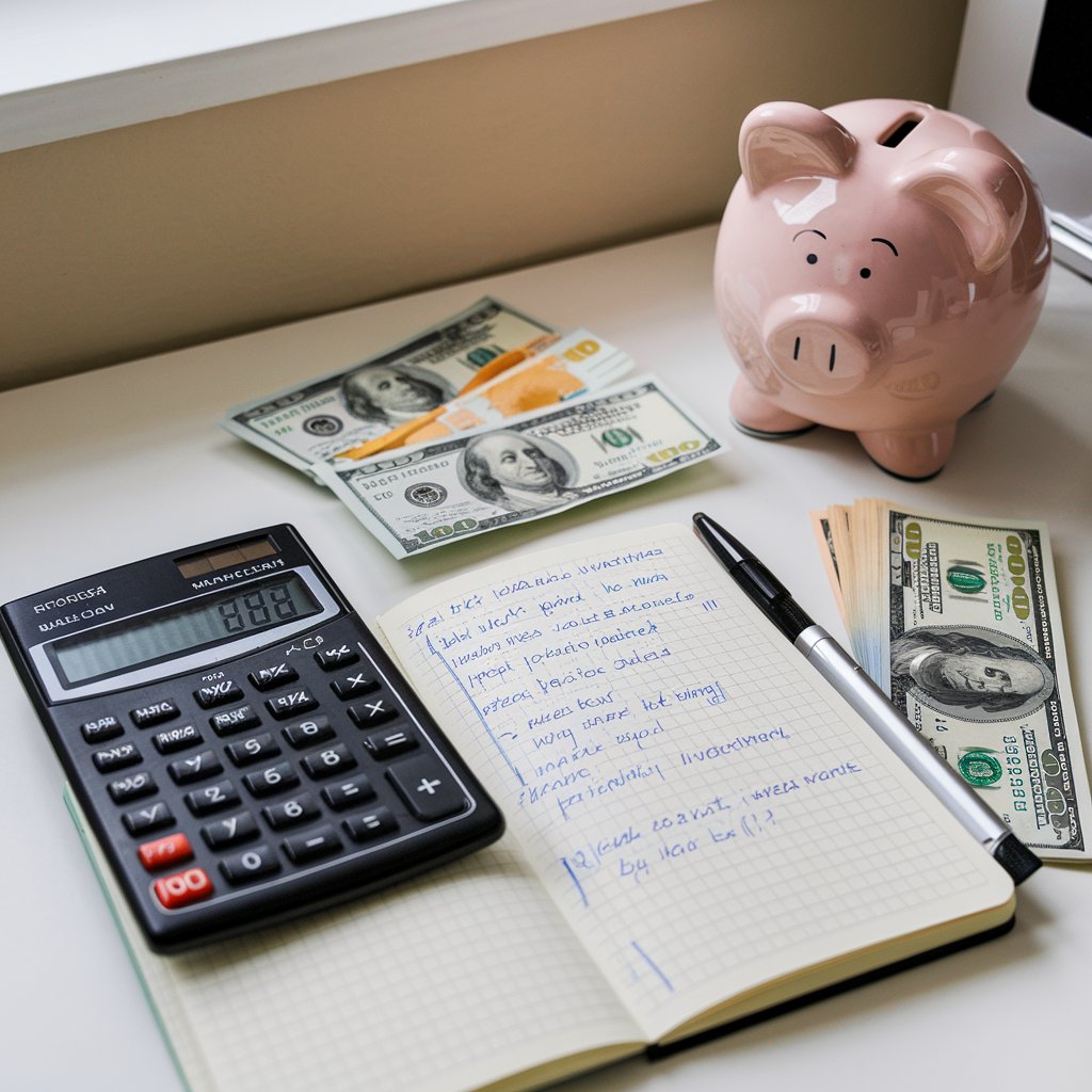 A calculator and notebook with handwritten notes on investment amounts, alongside a piggy bank and some dollar bills.