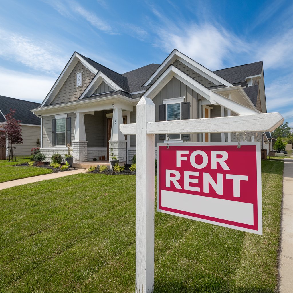 image of a residential or commercial property with a "For Rent" sign in front of it, symbolizing real estate investment.