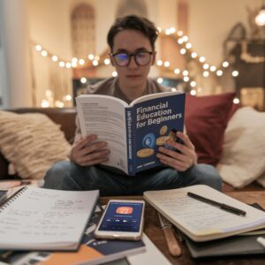 A person reading a financial book or listening to a finance podcast on a smartphone, surrounded by a notebook and other learning materials.