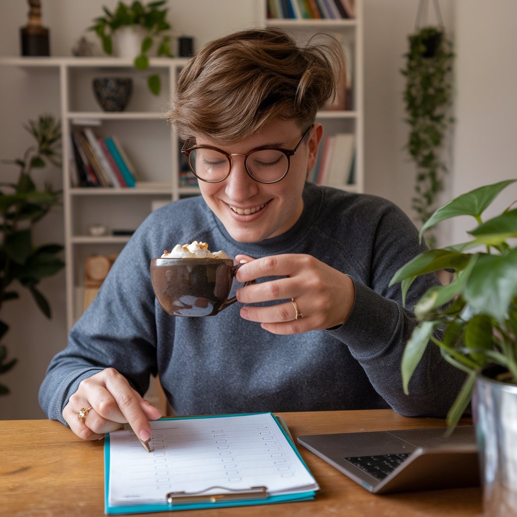 A person enjoying a small treat, like a coffee or dessert, while checking off items on a budgeting checklist.