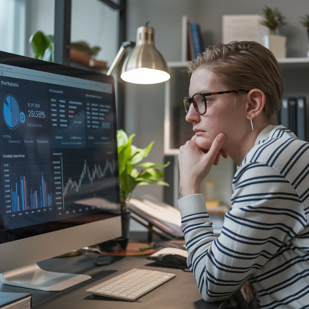 A person reviewing their investment portfolio on a computer, with charts and graphs visible on the screen