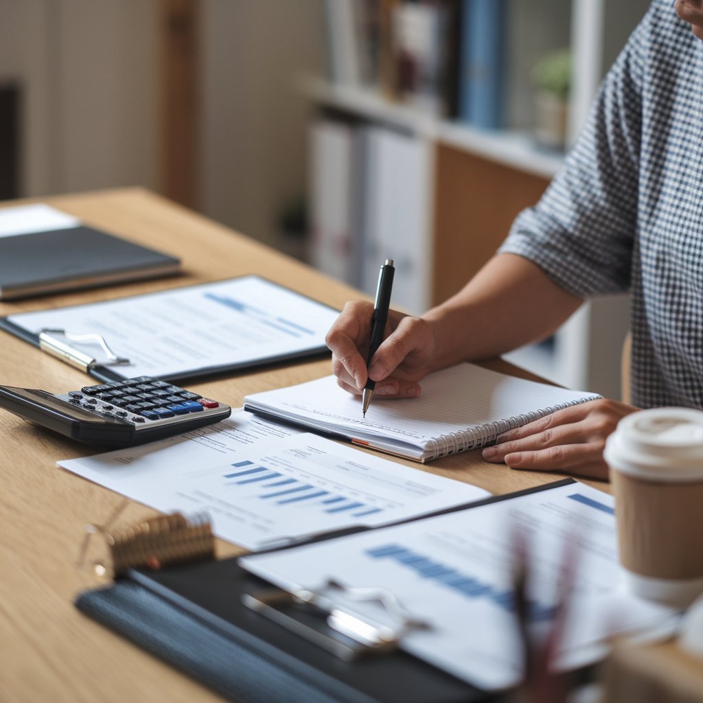  image of a person writing a financial plan in a notebook, with a calculator and financial documents spread out on a desk.