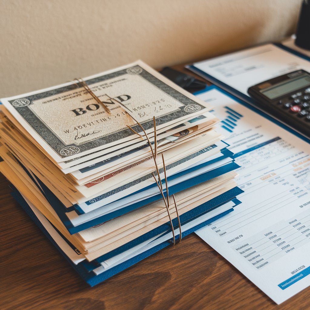 An image of bond certificates or a visual showing interest payments over time.
