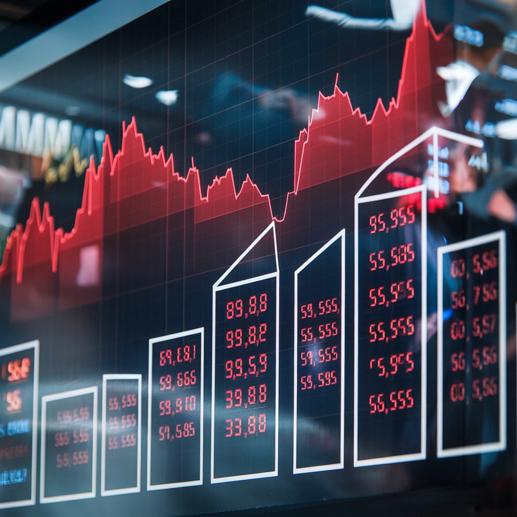 graphic of the stock market with a graph showing market trends and a depiction of stock certificates or shares.
