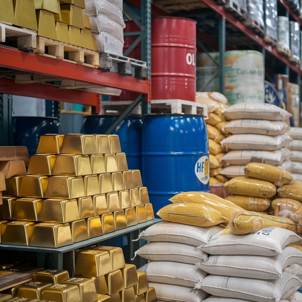 A representation of different commodities like gold bars, oil barrels, and agricultural products.