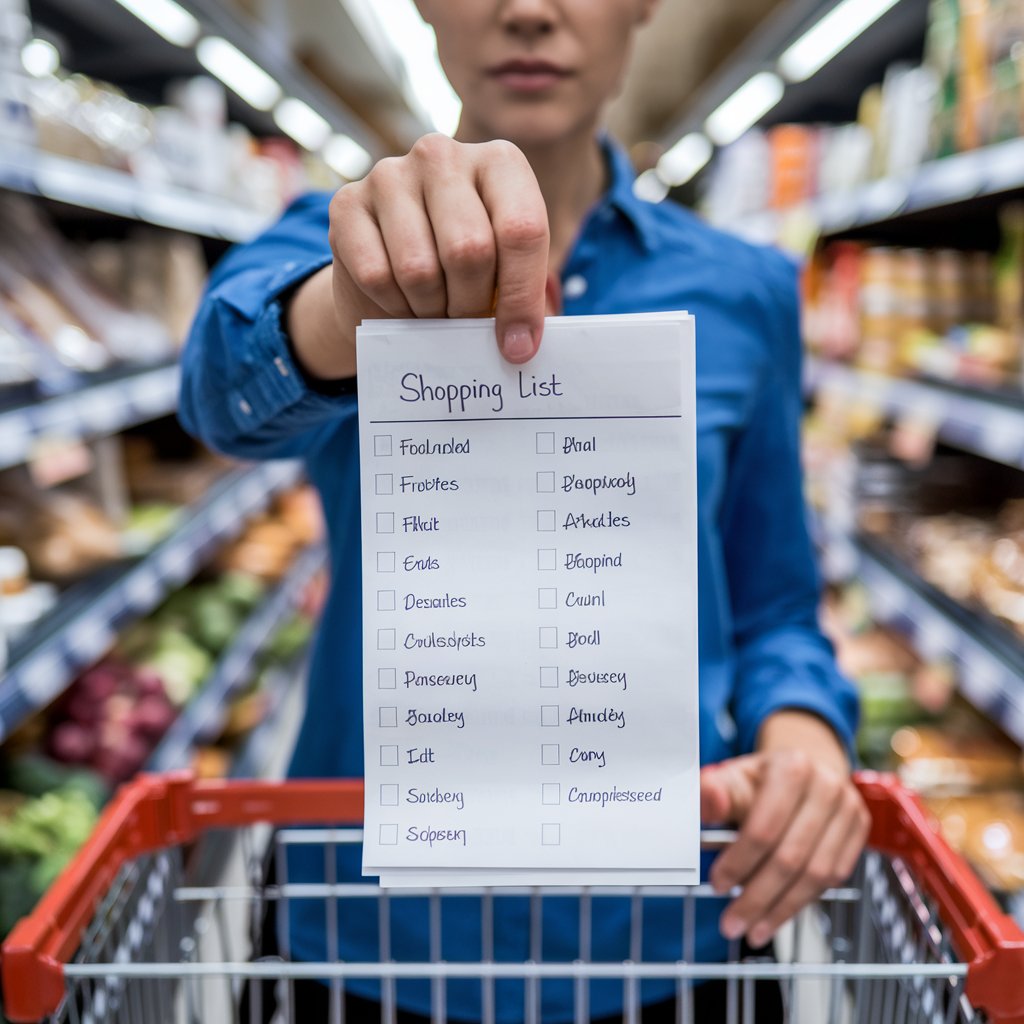 A person holding a shopping list while standing in a grocery store aisle.