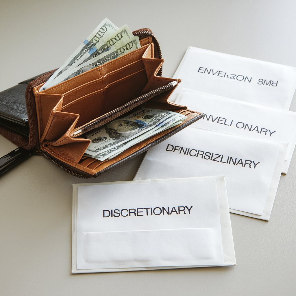 An open wallet with cash inside, with labeled envelopes in the background.
