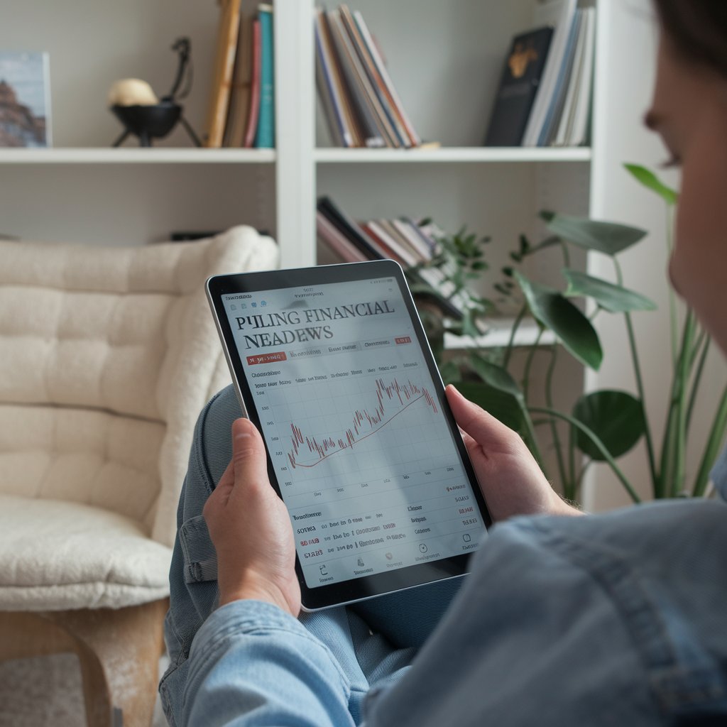 A person reading financial news on a tablet, with stock charts and news headlines visible on the screen.
