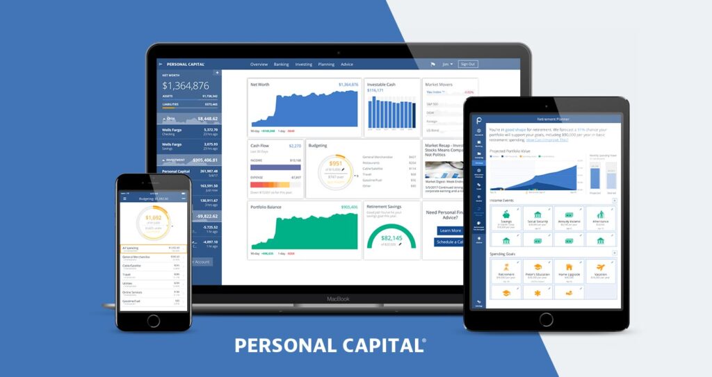 A tablet or desktop screen displaying Personal Capital’s investment dashboard, showing graphs of asset allocation and retirement planning progress.