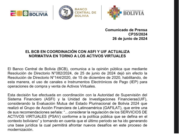 Bolivian central bank’s notification on crypto transactions. Source: Banco Central de Bolivia